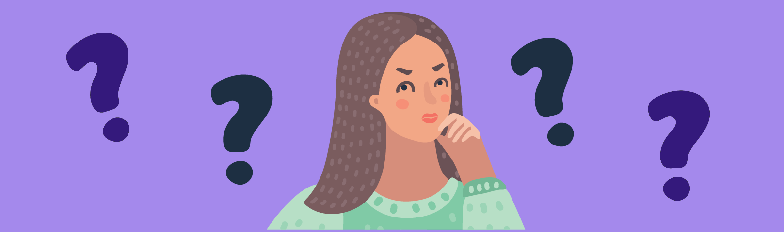 Illustration of a woman pondering something with purple question marks floating around her