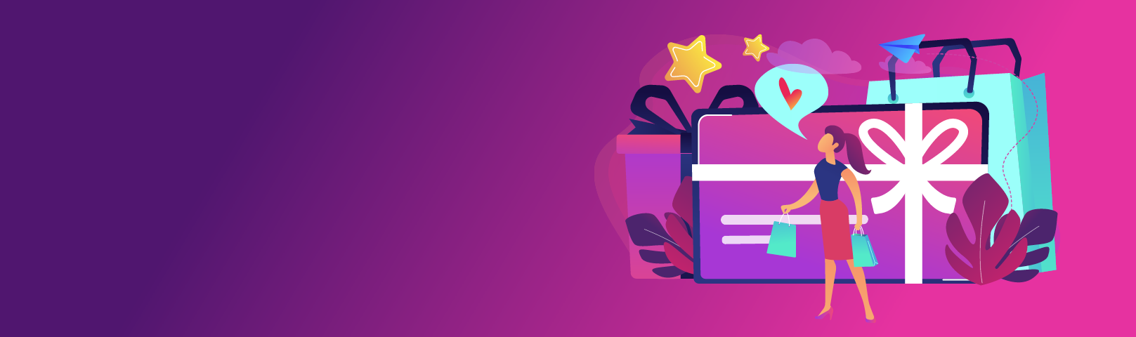 Illustration of a woman thinking of the perfect gift with wrapped presents in the background