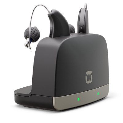 Widex Allure hearing aids pictured in charger